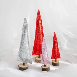 Red silver and pink mini glitter wooden Christmas tree table ornaments set of four