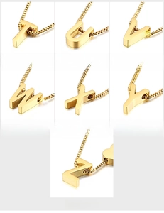 Detail view of initial letter pendants T to Z in gold finish with box chain necklaces