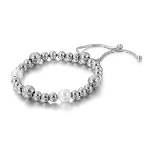 Adjustable silver steel bead bracelet featuring large white pearls with slide buckle closure