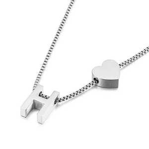 Polished silver stainless steel box chain necklace with heart and letter H pendants