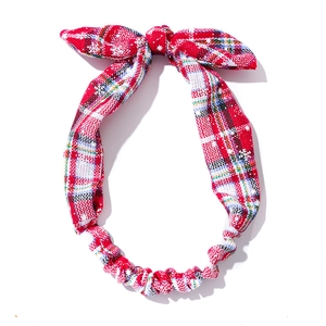 Christmas red plaid bow headband with white snowflake patterns and elastic band