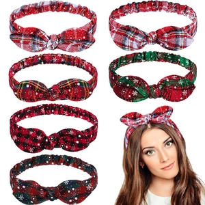 Christmas Plaid Headband For Women Elastic Tartan Fabric Bow Snowflake Print Holiday Hair Band Festive Accessory
