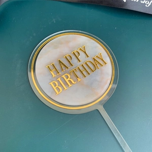 Acrylic marble design happy birthday cake topper for party baking decoration details.