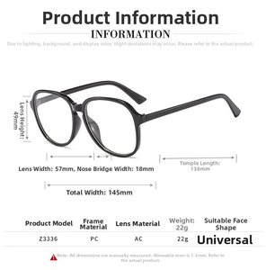 Detailed size chart for retro oversized glasses frame with specific measurements in mm