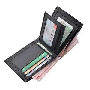 Men's trifold leather wallet with multiple card slots and clear ID window for driver's license