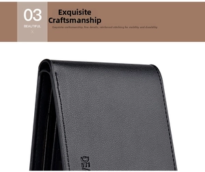 Close-up of black lychee grain leather men's wallet with detailed edge stitching