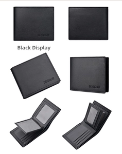 Detail view of black tri-fold wallet showing card slots and transparent ID window