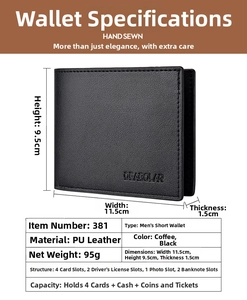 Detailed specs of men's tri-fold PU leather wallet featuring 4 card slots and ID windows