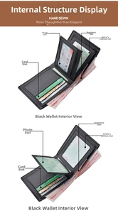 Detail view of tri-fold leather wallet with card slots, photo window and bill compartments