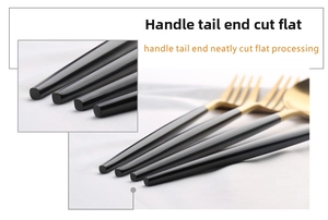 Detail showing the flat-cut handle base of black and gold 304 stainless steel cutlery set