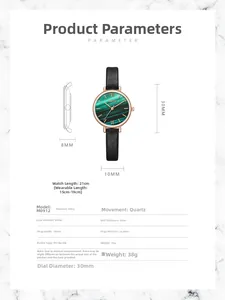 Detailed technical specifications for women's green quartz watch with leather strap
