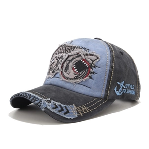 Detailansicht von Haifisch-Patch und Vintage-Stickerei auf verwaschener Baseballkappe