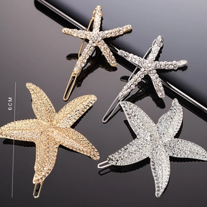 Starfish Hair Clips Rhinestone Alloy Bobby Pins Shiny Gold Silver Headwear For Women Girls Beach Vacation Accessories
