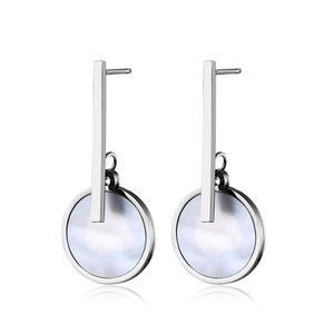 Elegant silver geometric drop earrings with round shell inlay and sleek steel finish