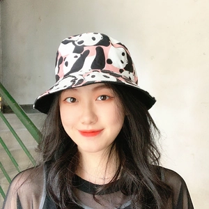 Pink cotton reversible bucket hat featuring cute cartoon panda prints for women