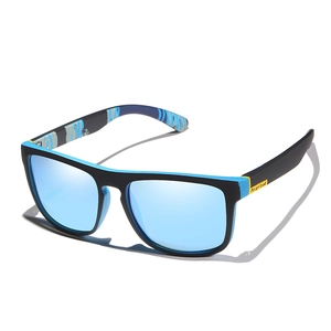 Polarized sports sunglasses with black frame and blue lenses for cycling and driving