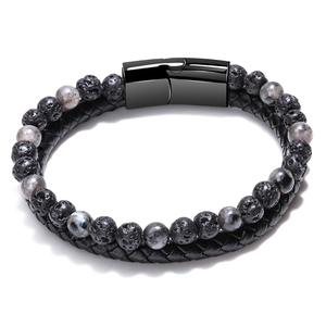 Men's double-layer bracelet with natural lava stone, tiger eye, and braided leather strap
