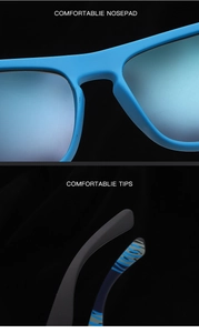 Detail of comfortable nose pads and blue non-slip temple tips on sport sunglasses