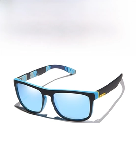 Close-up of polarized sports sunglasses showing blue wave pattern and functional marking