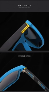 Detail of sport sunglasses featuring HD polarized lens logo and strong hinge construction