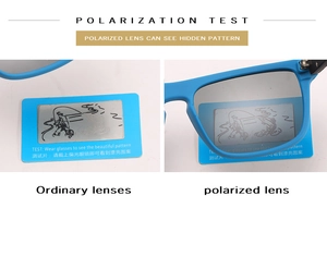 Polarization test showing hidden fish pattern through blue polarized sport sunglasses