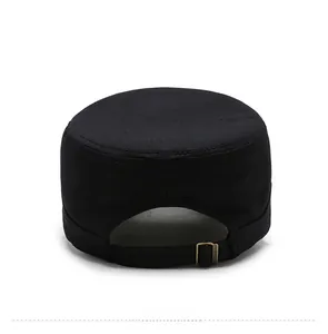 Detail view of the back of black cotton army cap with adjustable bronze metal buckle