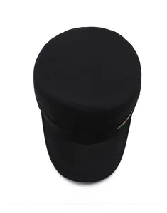 Top down view of a black cotton twill flat top military cap with metal side details