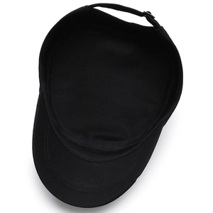 Classic black cotton flat top army cap with adjustable metal buckle and curved brim
