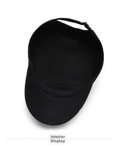 Detail view of cotton flat top cap interior lining and adjustable metal buckle strap