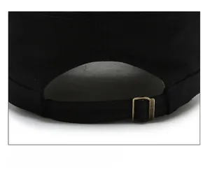 Detail of adjustable metal buckle on black cotton military cap for a custom fit