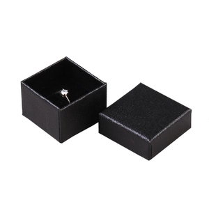 Black faux leather jewelry ring box with pebble texture and square two-piece design