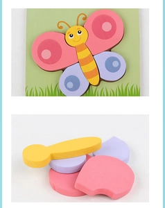 Detail of multi-layer colorful wooden butterfly puzzle pieces showing material thickness