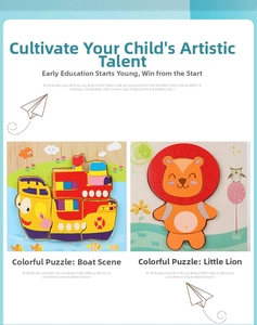 Detail view of colorful wooden animal puzzles with lion and ship patterns for toddlers