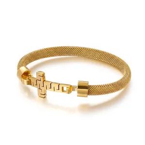 Mesh Weave Bracelet Stainless Steel Cross Clasp Minimalist Punk Industrial Style Jewelry For Men Women