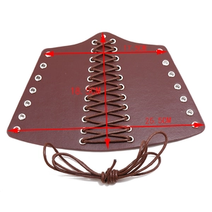 Medieval punk leather gauntlet dimension chart with brown texture and lace-up details