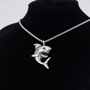 Hip hop style titanium steel shark pendant necklace for men in vintage silver finish