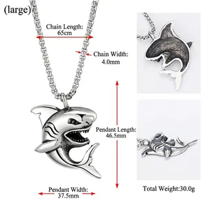 Vintage stainless steel shark pendant necklace for men with 65cm box chain and large shark charm