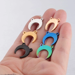 Polished stainless steel double-hole crescent moon pendants in six vibrant metallic colors