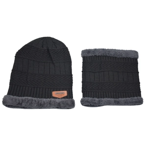 Winter knitted beanie and neck warmer set with warm fleece lining and leather patch