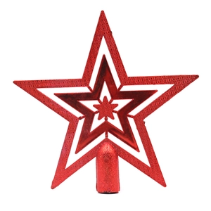 Close-up of red Christmas tree topper star with glitter texture on white background