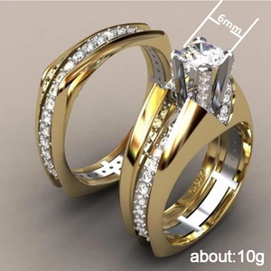 Luxury gold plated two-piece wedding ring set with 6mm AAA cubic zirconia stones