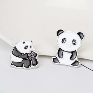 Cute cartoon panda brooch set in black and white alloy finish on white background