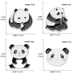 Set of four cute cartoon panda enamel pins with size and weight specifications