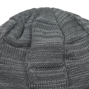 Macro detail of heather grey beanie showing thick checkerboard knit texture and warm yarn