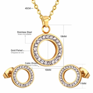 Detailed view of gold plated stainless steel hollow circle jewelry set with crystal cubic zirconia