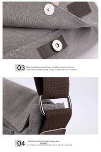 Detail of grey canvas messenger bag with magnetic buckle closure and durable hardware