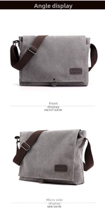 Front and side views of a grey canvas messenger bag with brown adjustable strap and leather logo