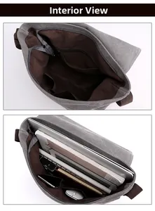Internal view of canvas messenger bag with laptop compartment and zipper pockets
