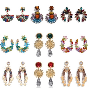 Detailed grid view of diverse bohemian alloy earrings with rhinestones and colorful gemstones