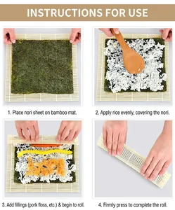 Bamboo sushi rolling mat and rice paddle set with 4-step process guide for making sushi